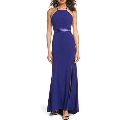 Morgan & Co. Beaded Mesh Halter Gown, /4 - Blue