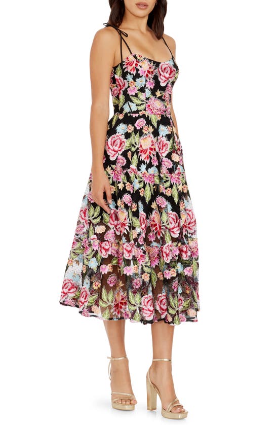 Shop Dress The Population Dream Floral Embroidered Lace Midi Dress In Pink Rose Multi