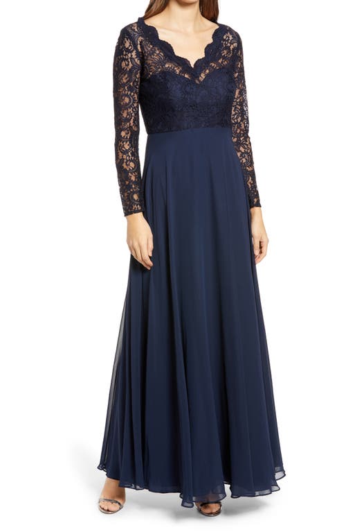Dessy Collection Long Sleeve Lace & Chiffon A-Line Gown in Midnight
