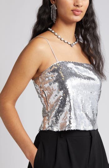 Floral Sequin Square Neck Cropped Cami