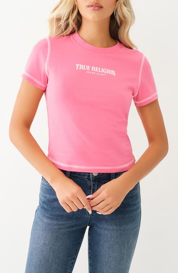 True Religion Brand Jeans Contrast Stitch Cotton Graphic Baby Tee In Pink