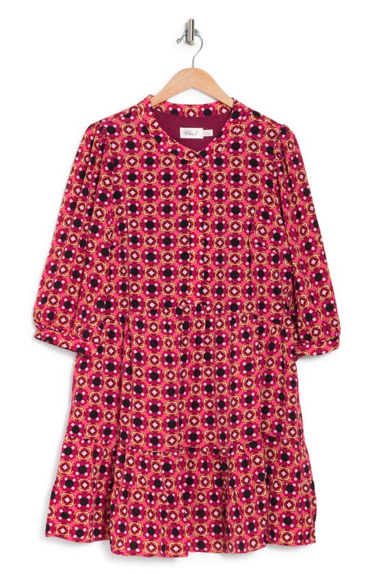 Eliza J Floral Medallion 3/4 Sleeve Ruffle Dress In Magenta