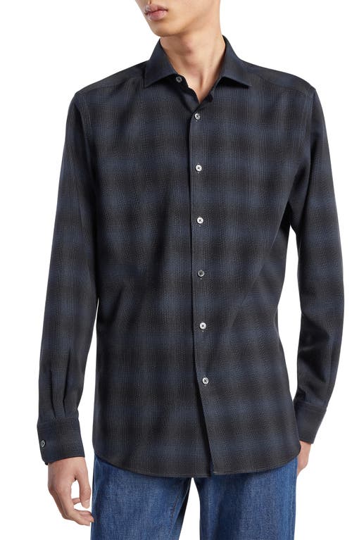 ZEGNA Cashco Plaid Cotton & Cashmere Button-Up Shirt Navy Blue at Nordstrom,