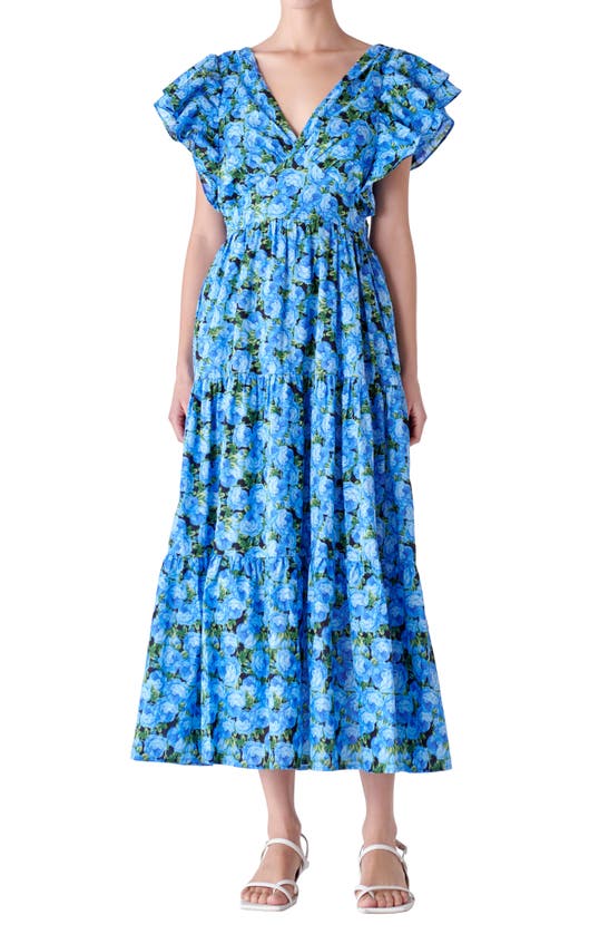 Shop English Factory Floral Flutter Sleeve Open Back Dress In Blue