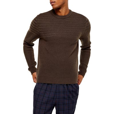 Topman Mixed Stitch Crewneck Sweater, Brown