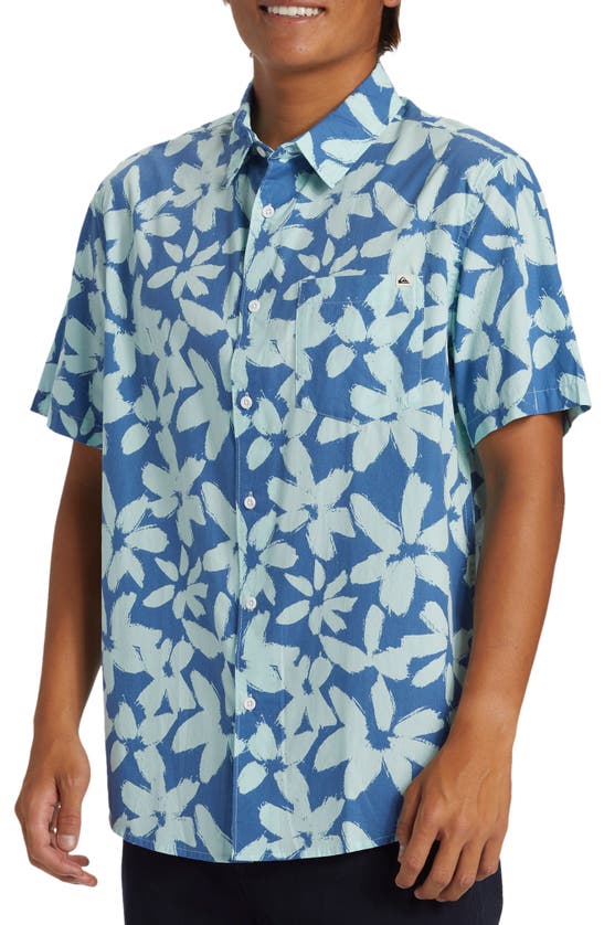 Shop Quiksilver Apero Regular Fit Floral Short Sleeve Organic Cotton Button-up Shirt In Monaco Blue