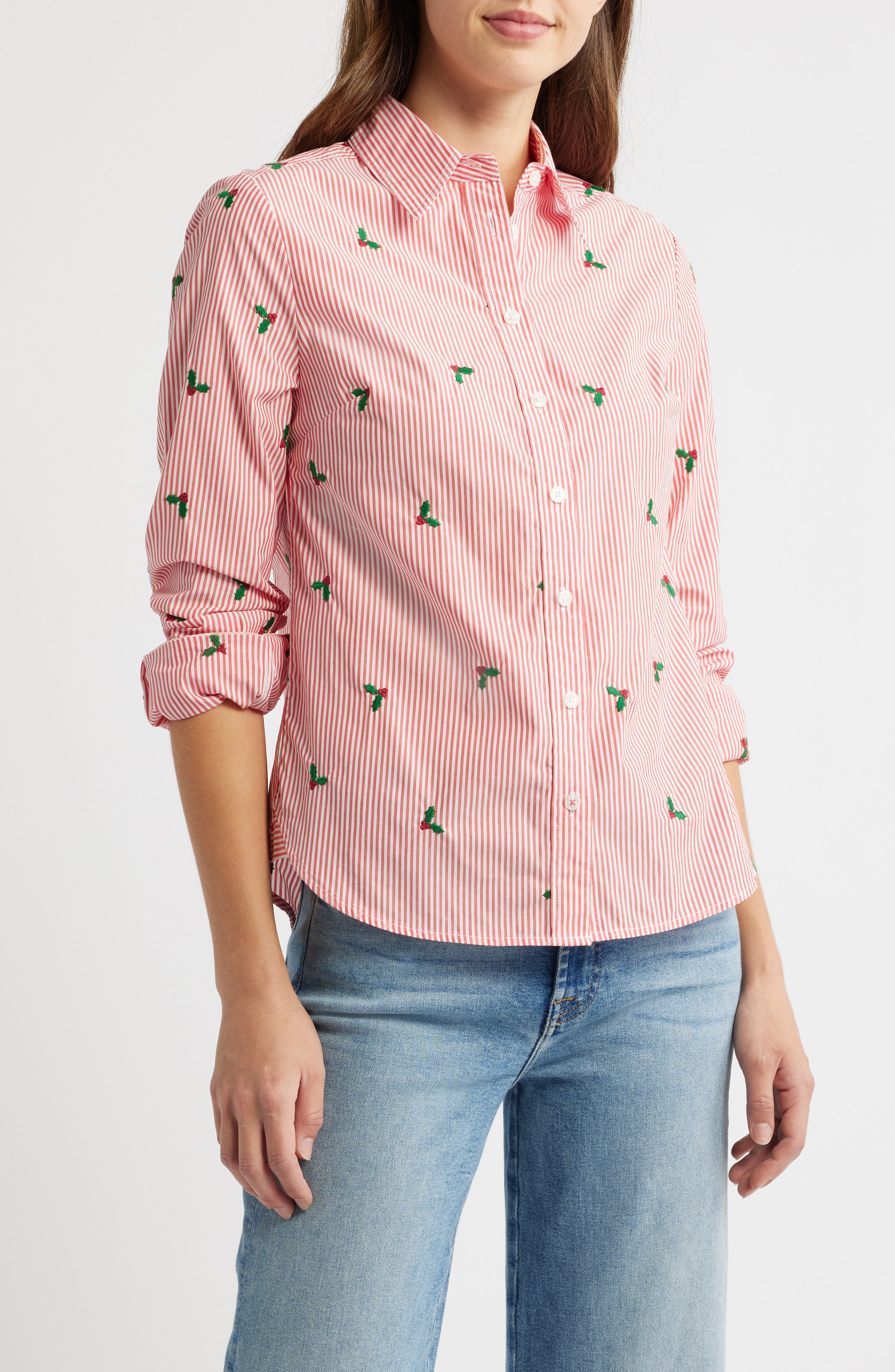 Boden Sienna Embroidered Button-Up Shirt in Holly Red Stripe 