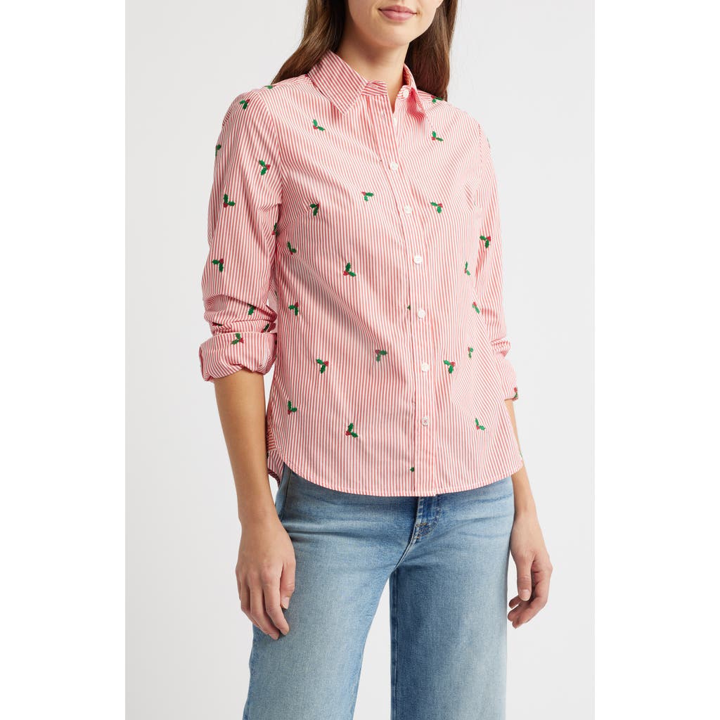 Boden Sienna Embroidered Button-Up Shirt in Holly Red Stripe