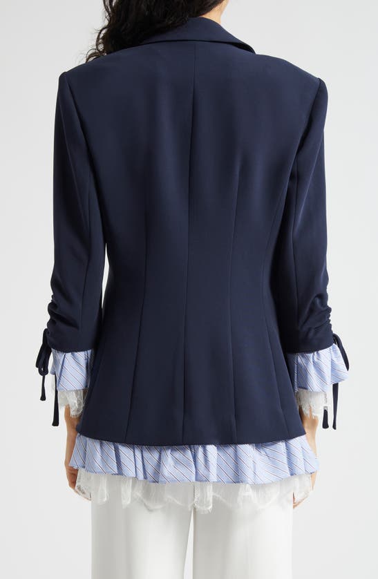 Shop Cinq À Sept Roxie Stripe Trim Three-quarter Sleeve Blazer In Navy/ Blue