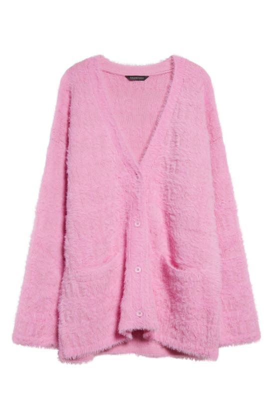 Balenciaga Oversize Furry Logo Jacquard Wool Blend Cardigan In Pink