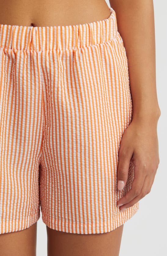 Shop Noisy May Luna High Waist Seersucker Shorts In Tangerine Stripeswhite