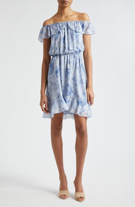 Shop L Agence L'agence Leonie Off The Shoulder Silk Dress In Blue Multi Denim Print