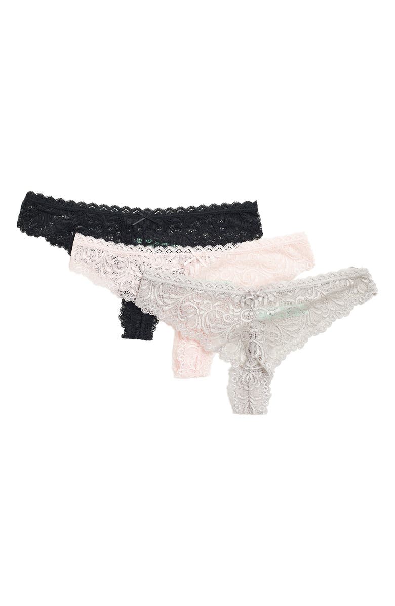 HONEYDEW Lace Brief Cut Thong - Pack of 3, Main, color, BLK/BLUSH/SILVER