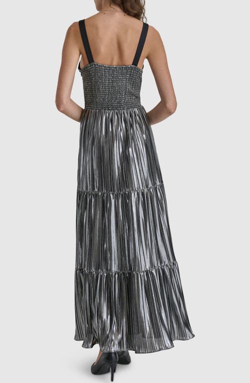 Shop Dkny Foil Plissé Sleeveless Maxi Dress In Silver