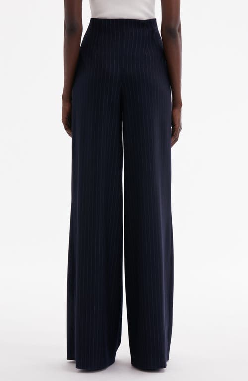 Shop Oscar De La Renta Pinstripe Stretch Wool Wide Leg Pants In Navy/white