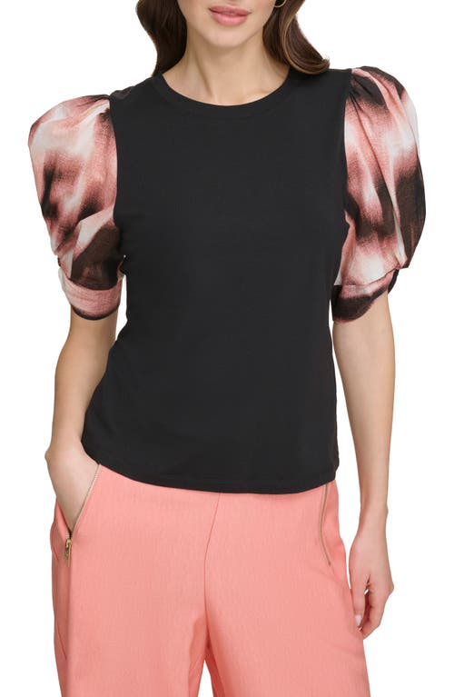 Dkny Mixed Media Puff Sleeve T-shirt In Black/abstract Dot