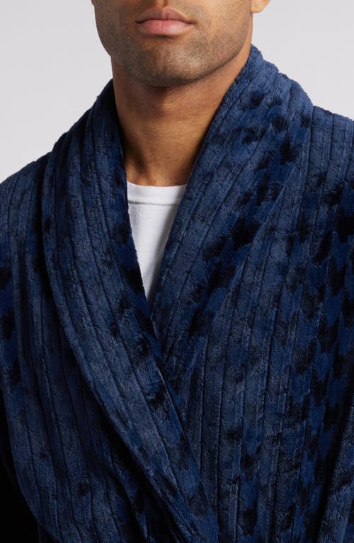 Shop Daniel Buchler Houndstooth Stripe Fleece Robe In Navy