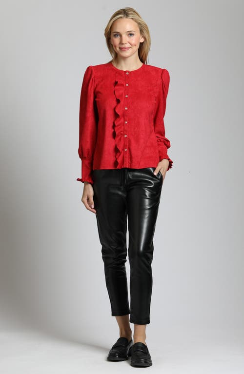 Apny Ruffle Puff Sleeve Faux Suede Button-up Shirt In Red