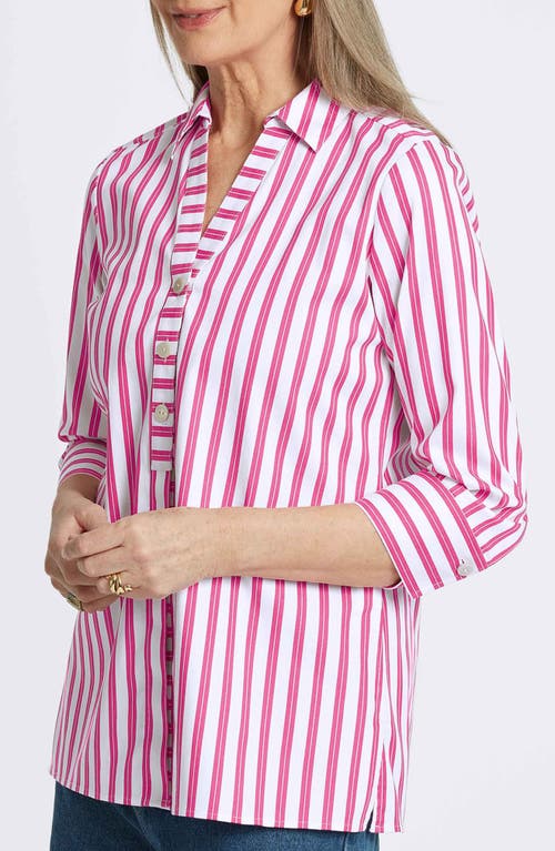 Shop Foxcroft Pamela Stripe Cotton Blend Tunic Shirt In Ruby Pink/white