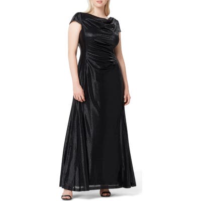 Plus Size Tahari Metallic Foil Draped Gown, Black