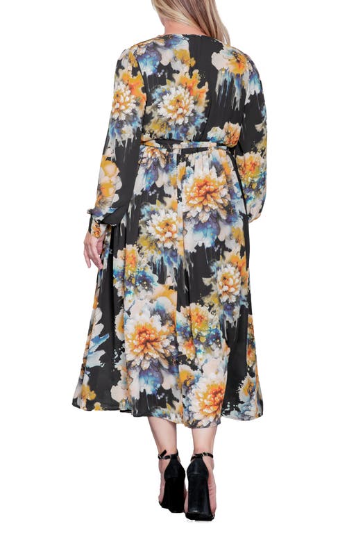 Shop Standards & Practices Floral Print Long Sleeve Georgette Midi Wrap Dress In Black Ink Floral