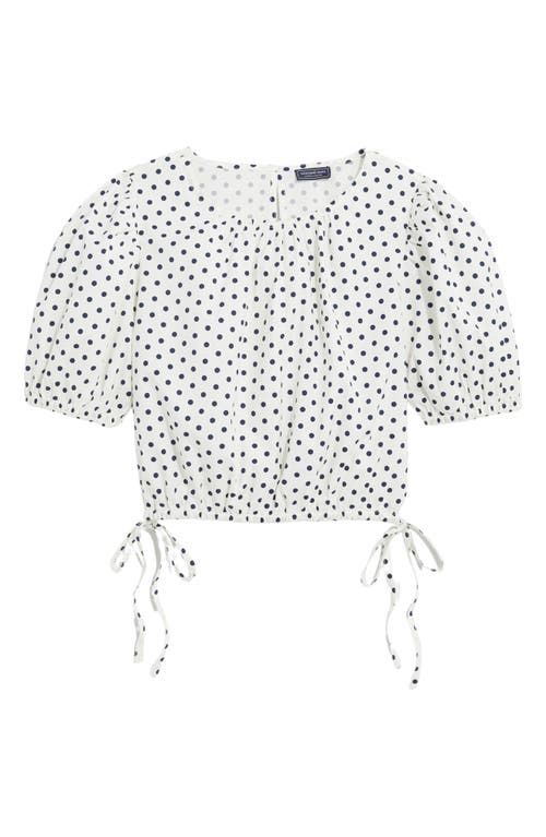Resort Puff Sleeve Stretch Cotton Crop Top in Polka Dot-White/Navy
