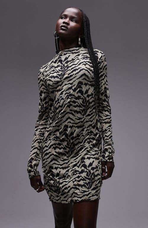 Shop Topshop Zebra Print Crinkle Long Sleeve Minidress In White/black Multi