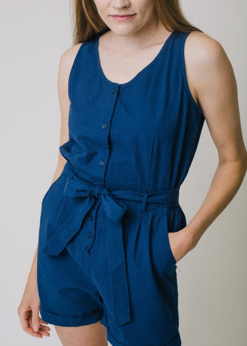 Shop Hope & Henry Organic Seersucker Romper In Navy Seersucker