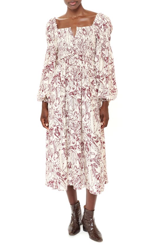 La Ligne Square Neck Long Sleeve Floral Midi Dress In Cream/ Burgundy |  ModeSens