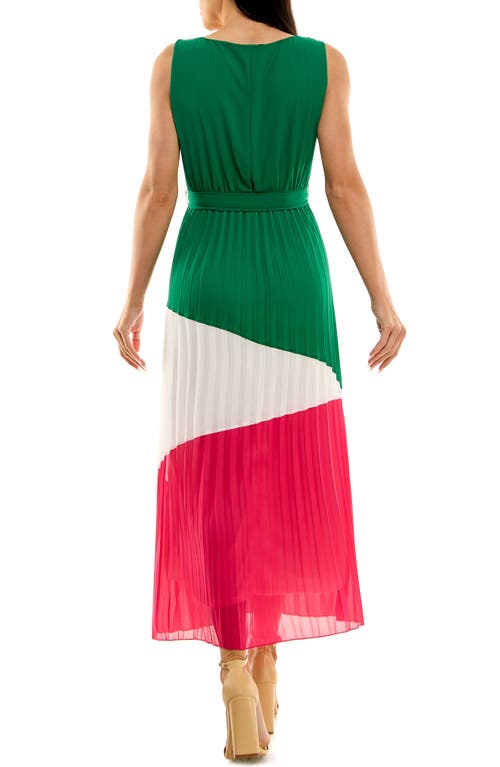 Nina Leonard Colorblock Pleated Chiffon Maxi Dress In Green/ivory/pink
