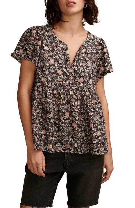 Lucky Brand Womens Printed Ruched Top Navy XS 