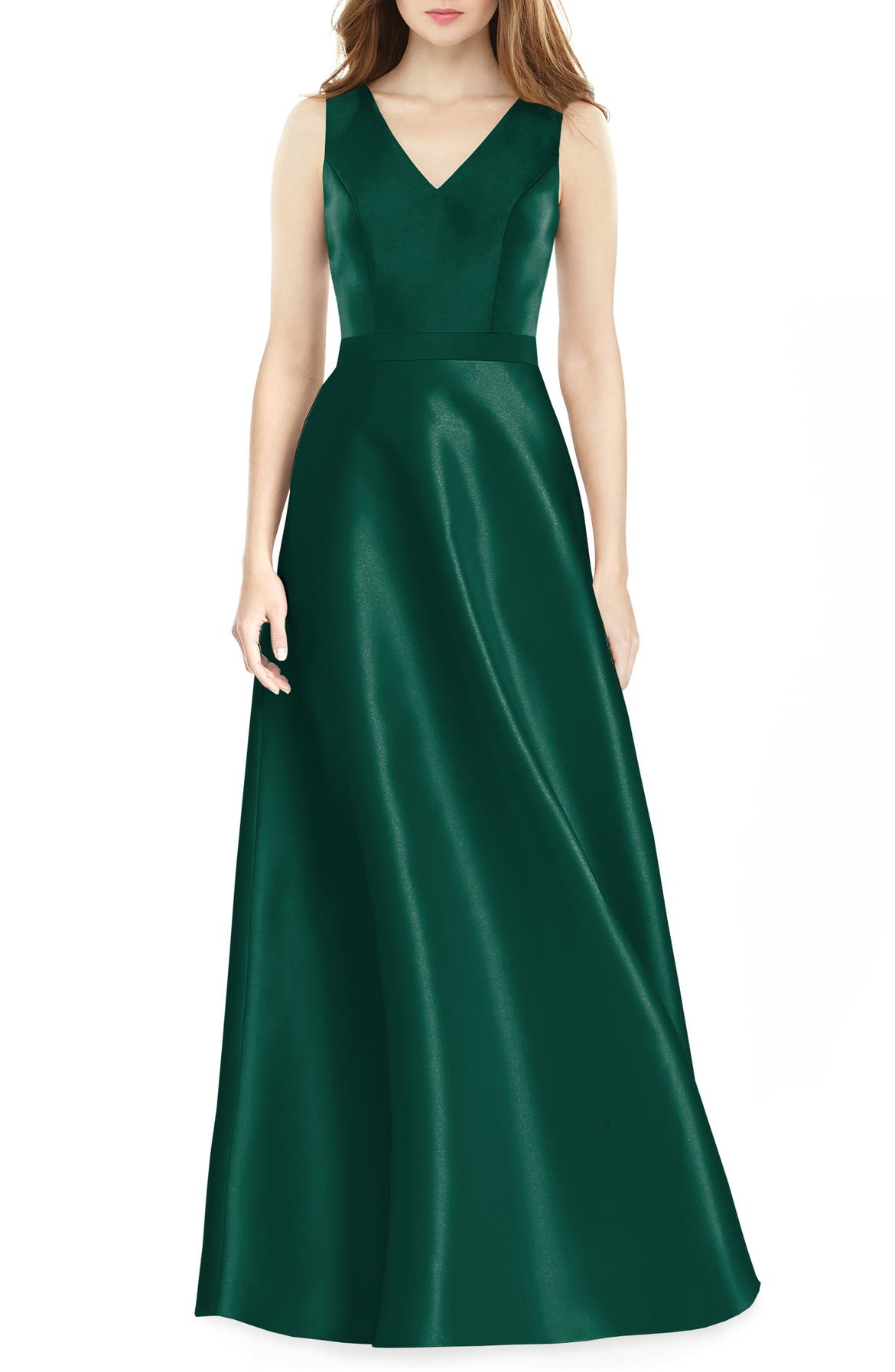 Alfred Sung V-Neck Satin Twill A-Line Gown | Nordstrom