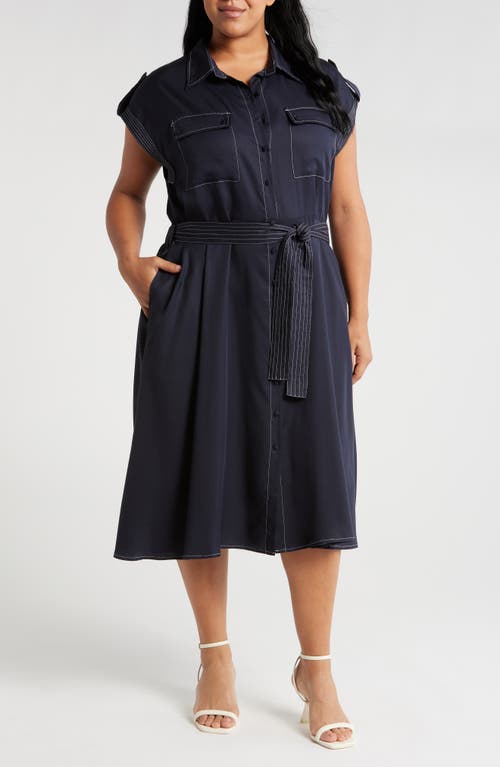 Shop Ciebon Josette Beltled Midi Shirtdress In Navy White