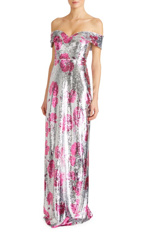 ml Monique Lhuillier Estelle Sequin Off The Shoulder Gown In Silver Dancing Poppies