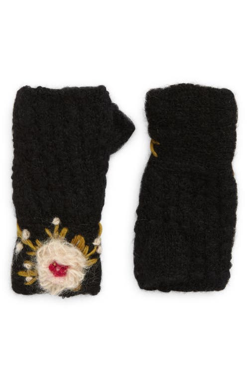 Mae Embroidered Fingerless Mohair & Wool Gloves in Black