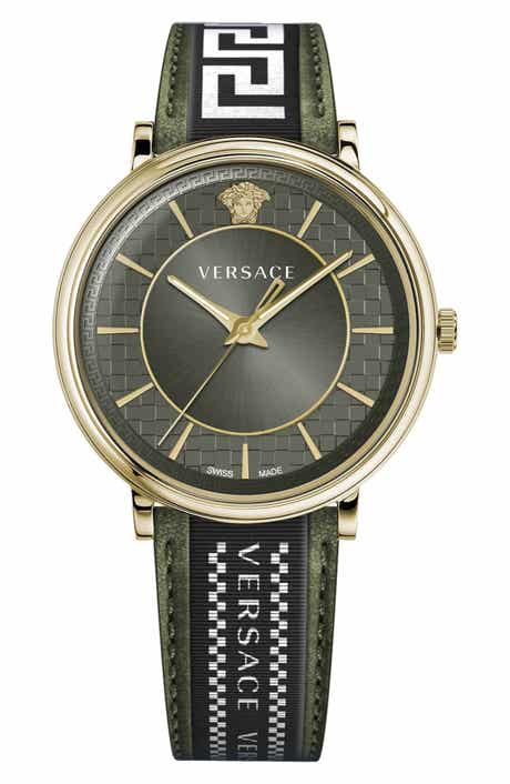 Versace Men's V-Circle Black Dial Leather Strap Watch, 42mm