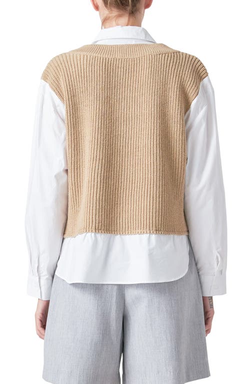 Grey Lab Layered Look Sweater & Shirt In Tan/white