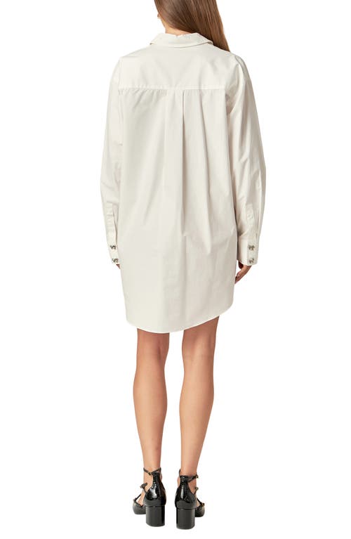 Shop Grey Lab Long Sleeve Bow Button Cotton Shirtdress In White