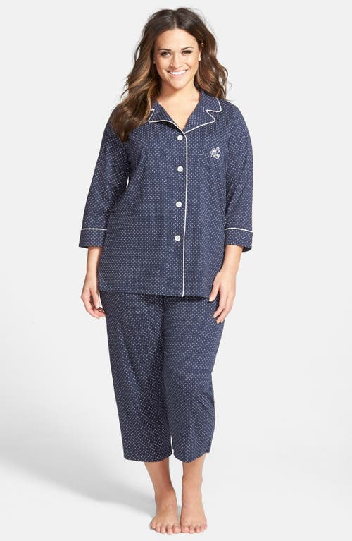 Shop Lauren Ralph Lauren Knit Crop Pajamas In Madeleine Navy/white Dot