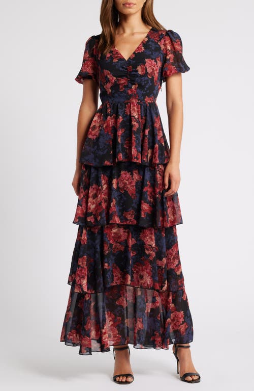 Chelsea28 Floral Tiered Chiffon Dress in Black- Pink Canvased Blooms 