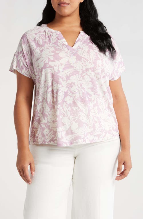 Lucky Brand Sandwash Print Split Neck Top In Pink Combo