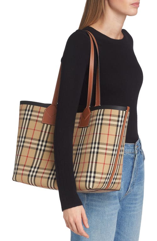 Shop Burberry Medium Heritage Check Canvas Tote In Briar Brown/black