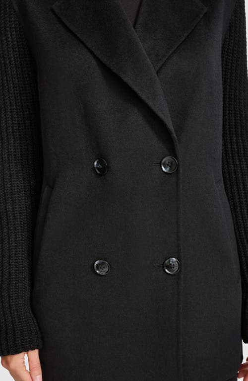 Shop Kenneth Cole Double Breasted Knit Sleeve Double Face Wool Blend Coat In Black