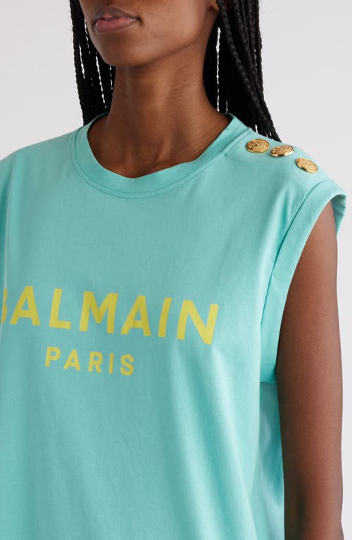 Shop Balmain Cotton Logo Graphic Tank In Pale Green/aqua Multi