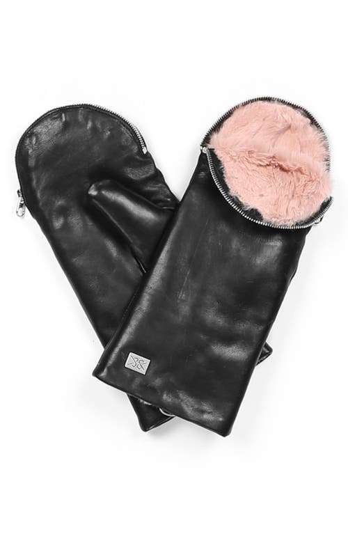 Soia & Kyo Leather Zip Top Mittens with Faux Fur Lining in Black