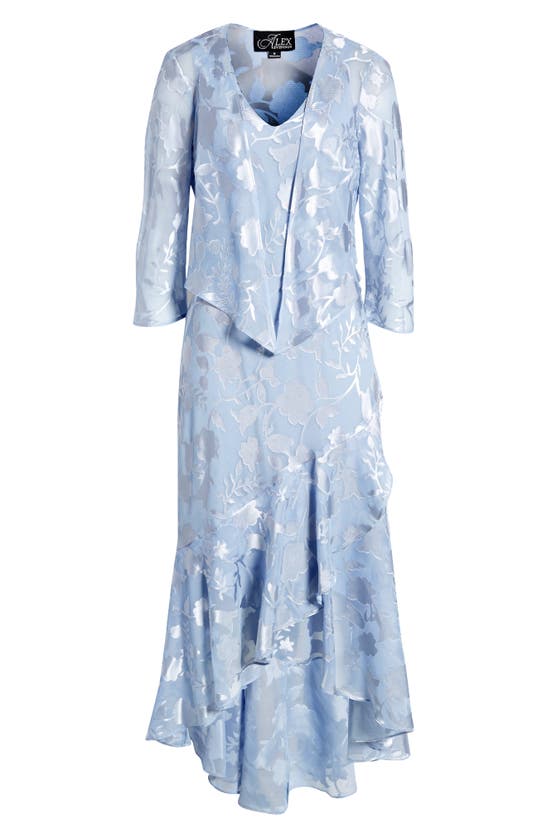 Shop Alex Evenings Metallic Floral High-low Chiffon Jacquard Midi Dress With Jacket In Hydrangea