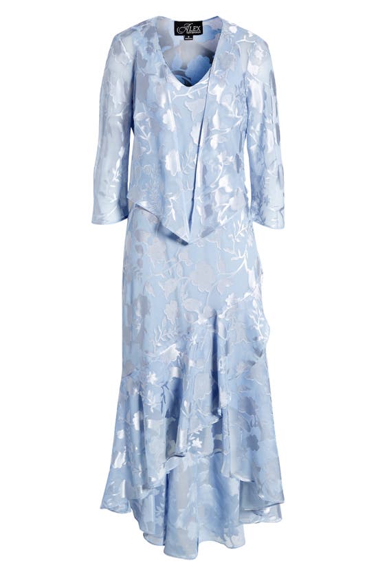 Alex Evenings Metallic Floral High-low Chiffon Jacquard Midi Dress With Jacket In Hydrangea