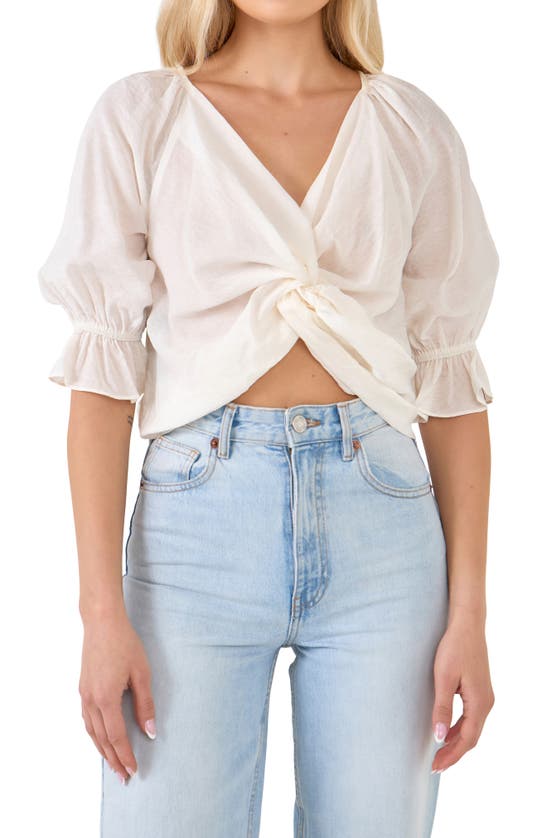 Endless Rose Front Twisted Puff Sleeve Top In White