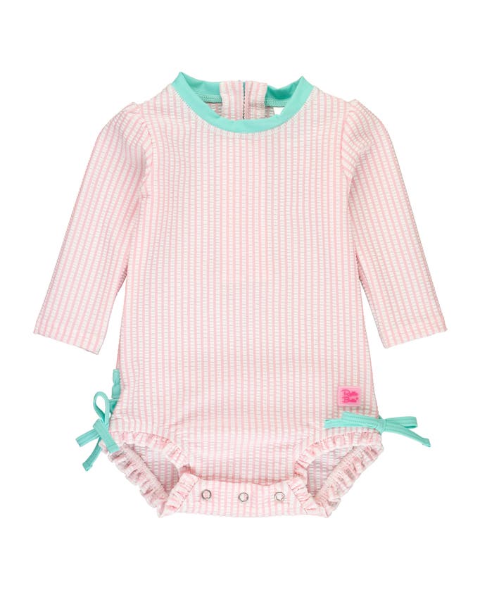 Shop Rufflebutts Girls Seersucker Long Sleeve Upf50+ One Piece Rash Guard In Pink