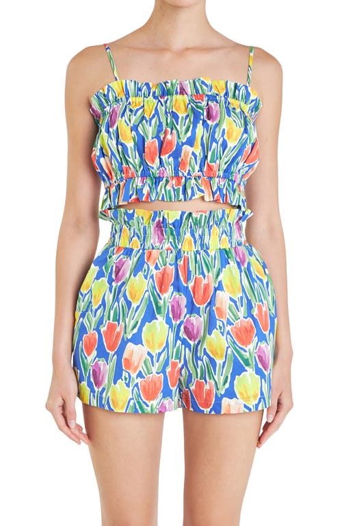 English Factory Tulip Print Ruffle Cotton Crop Top In Blue Multi